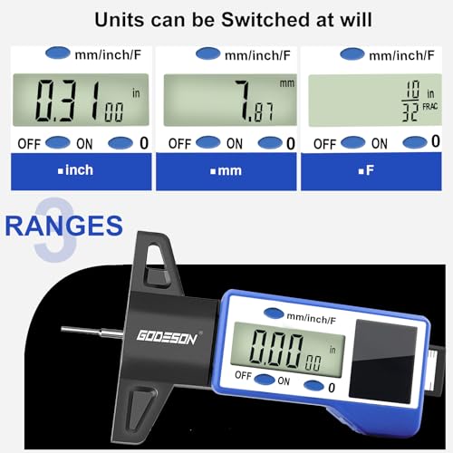 Image of GODESON Digital Tire Tread Depth Gauge - 3 Modes-Fraction /Inch /MM Display, Solar & Battery Hybrid,1 inch (25.4mm /32NDS) Range, Blue Tire Wear Measure Tool for All Vehicles (Car, Truck, SUV)