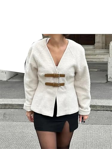 Women Double Button Leather Jacket Long Sleeve V-Neck Slim Coat Formal Elegant Office Outwear With Belt3