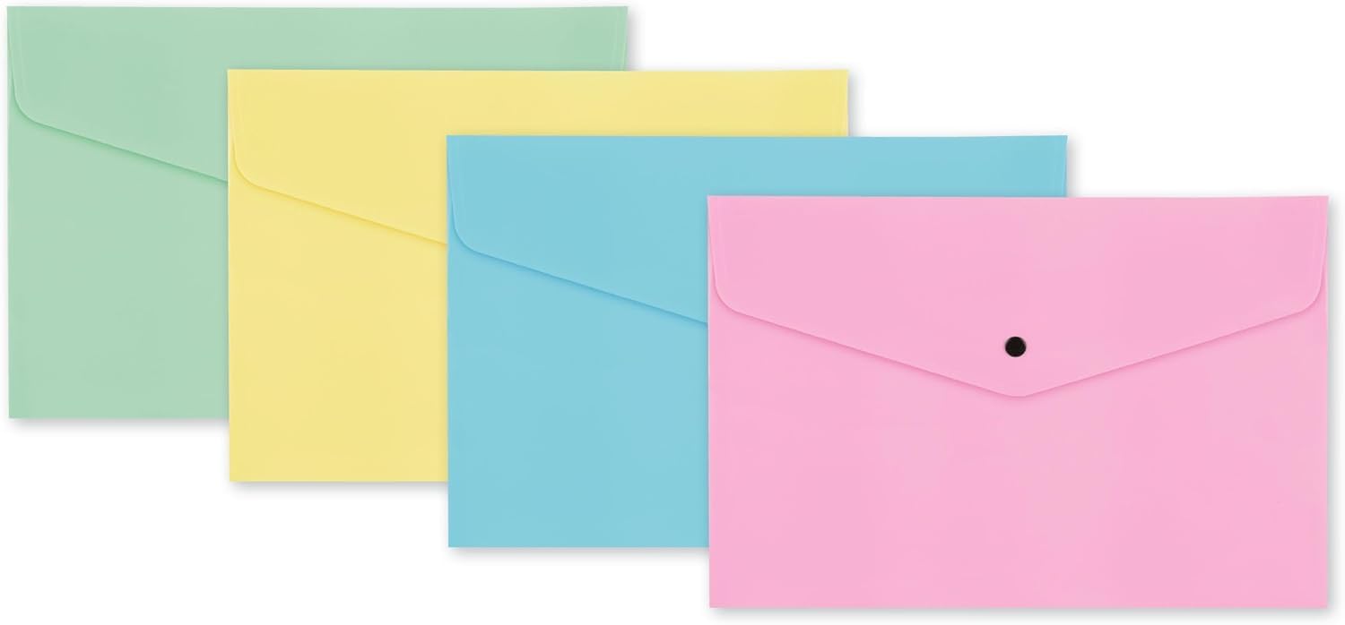 A4 Plastic Document Folders Envelopes, Assorted Colours, Pack of 5, (Pastel)