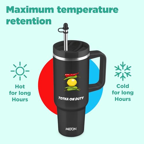 Image of MILTON Malmo 1200 Thermosteel Double Wall Vacuum Insulated Stainless Steel Tumbler with Handle 1100ml, Travel Mug with Straw,Silicon Cap,Cleaning Brush,Hot & Cold Beverage Flask,Totka Black