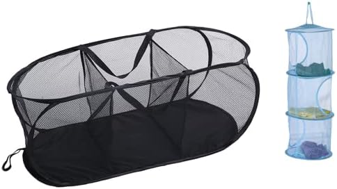 Olanpei 3 Compartment Foldable Mesh Pop-up Laundry Basket, Reinforced Handle Large Sortable Laundry Hamper, Suitable for Laundry Room Dormitory Children's Room Travel Storage, black
