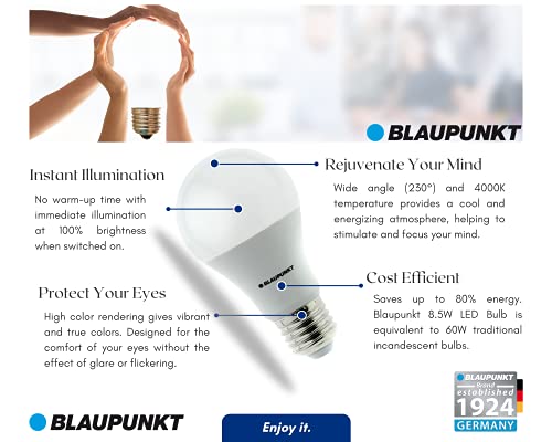 Blaupunkt LED E27 – Classic A60 – 8,5 W – odpowiada żarówce 60 W – 900 lumenów – 4000 K naturalna biel – lampa energooszczędna/klasa energetyczna A+ – oszczędność kosztów – 4 sztuki