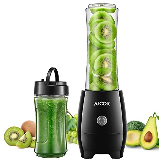 Personal Smoothie Blender, Portable Bullet Blender for Shakes and Smoothies, Mini Smoothie Maker Mixer Food Processor with 2 x 20oz BPA-Free Travel Blender Bottles, 300W, by AICOK