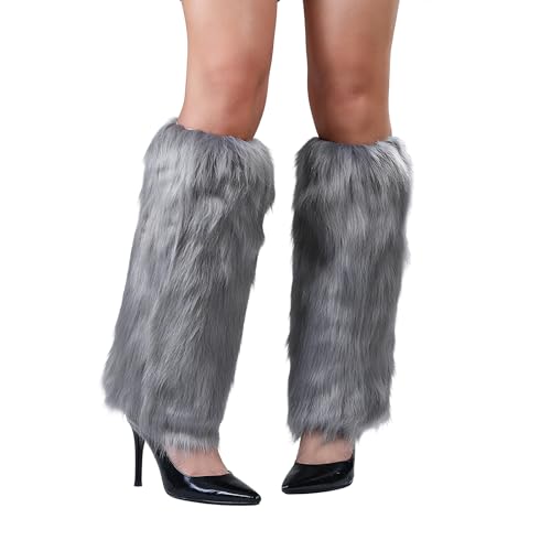 WMG Furry Faux Fur Leg Warmers For Women Fur Long Boot Covers Fluffy and Stretchy Leg Warmers For Christmas Cosplay (Gray)