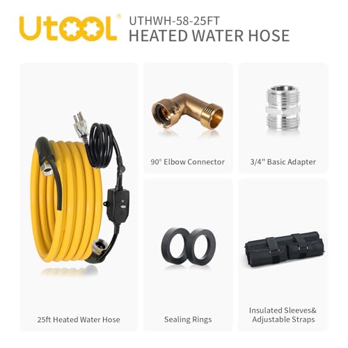Image of UTOOL 25 FT Heated Water Hose for RV Camper with 90 Degree Elbow, NSF 372 Drinking Water Certified Garden Hose, Automatic Thermostat Antifreeze Protection to -40F, 5 /8 inch ID, 3 /4 inch GHT Adapter