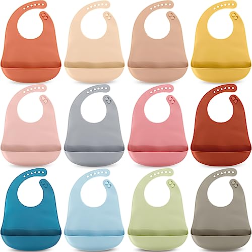 Mepase 12 Pcs Silicone Bibs for Babies Waterproof Silicone Bibs Soft Adjustable Baby Feeding Unisex Kid Eating Supplies (Fresh Color)