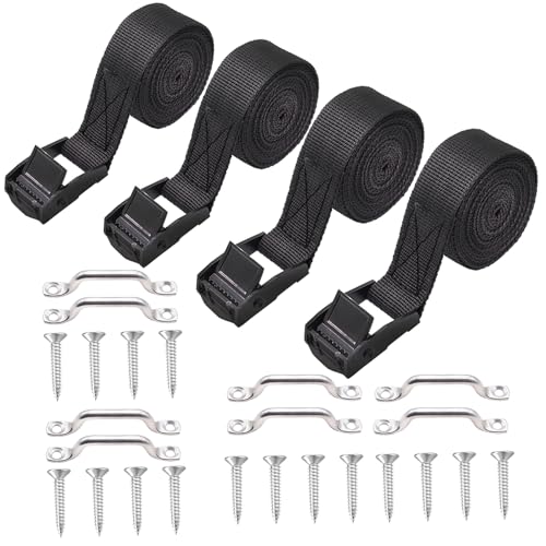 Ruibapa 4 Sets 2,5 x 121,9 cm Batterie-Spanngurt-Set mit Edelstahl-Nockenschnalle, Edelstahl-Halterung und SS-Schrauben für Boote, Gepäckgurt, Autos