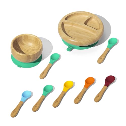 Image of Avanchy Bamboo Baby Divided Plate, Bowl & Spoons Set - BPA Free, Suction Cup Bowl, Baby-Led Weaning, 3 Pieces, Green