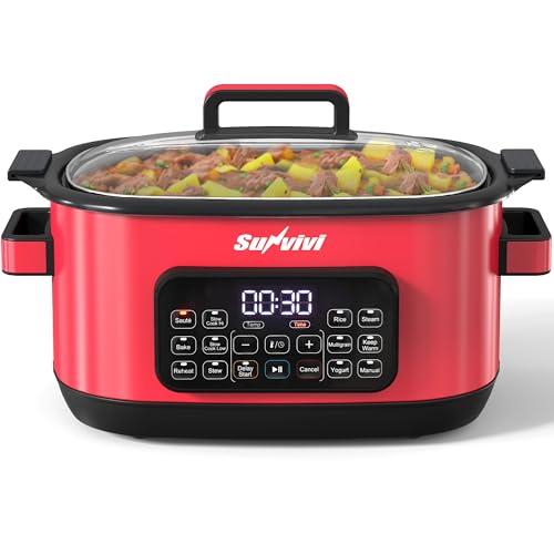Image of Sunvivi 12-in-1 Multi Slow Cooker Roaster Oven, 6.5QT Sliver Digital Programmable Slow Cooker with Rack, Large Removable Nonstick Crock, Glass Lid, Multicooker with Timer Temp Control, Red
