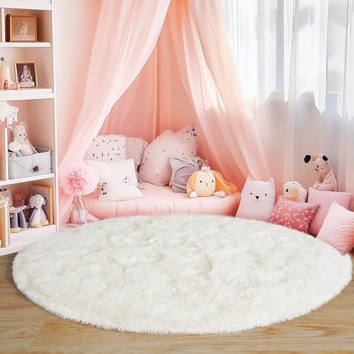 6‘x6’ Cream Round Rugs for Girls Bedroom, Ultra Soft Fluffy Circle Rug for Kids Room, Cute Shag Rugs for Living Room Playroom Tent Castle Home Decor Rug