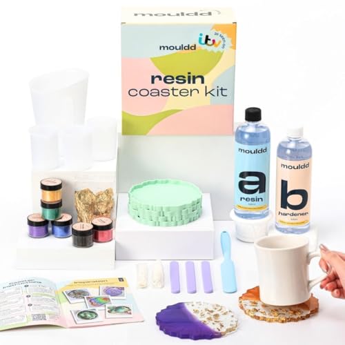 Mouldd Resin Coaster Kit for Beginners - Includes 1L Epoxy Resin, Moulds, Tools, Colours, Gloves and How-to-Guide - Make 10 Drinks Coasters - Craft Kit for Adults