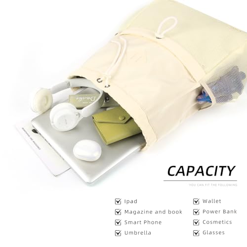 ALUSBELL Drawstring Backpack for Women, Water-Resistant String Backpack, Lightweight Gym Bag with Yoga Mat Strap Beige3