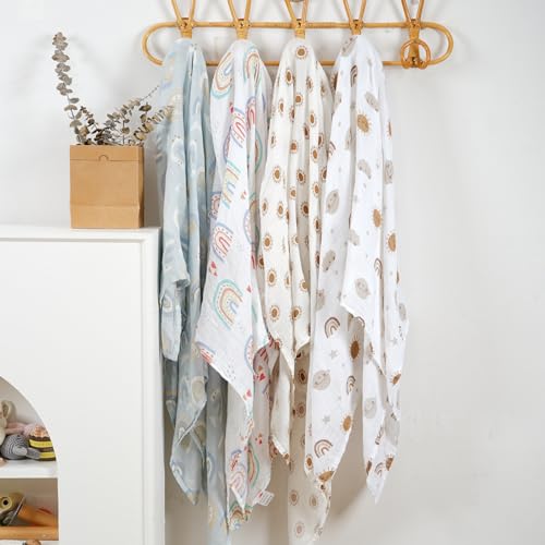 Image of 4 Set Muslin Swaddle Blankets Receiving Blanket for Newborn Baby | Boys, Girls Cute Soft Print Baby Towel Wrap 120x110cm Baby