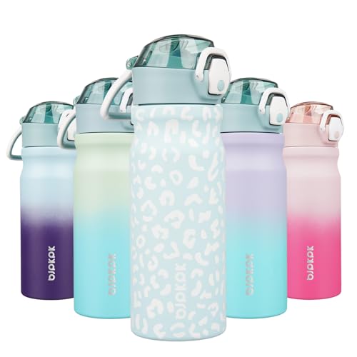 Image of BJPKPK 18 oz Water Bottle with Straw & Handle, Insulated Stainless Flask | Leak Proof Locking Lid, Thermal, Double Wall Vacuum, Metal, Keeps Hot /Cold, BPA Free, Travel & Sports, Light Blue Leopard