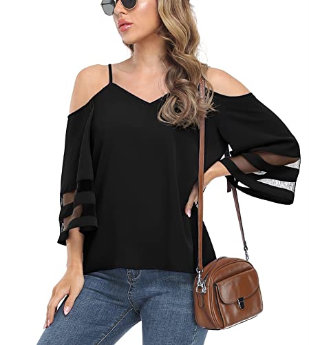Jouica Womens Summer Cold Shoulder Tops Mesh Panel 3/4 Bell Sleeve Tees Adjustable Spaghetti Strap Loose Fit Shirts4
