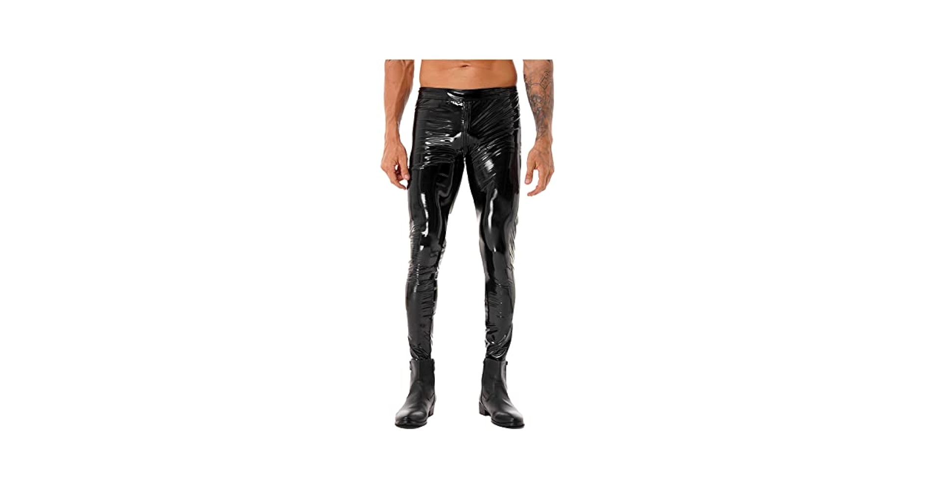 Jhaoyu Men Faux Leather Slim Fit Pants Two-way Zipper Crotch