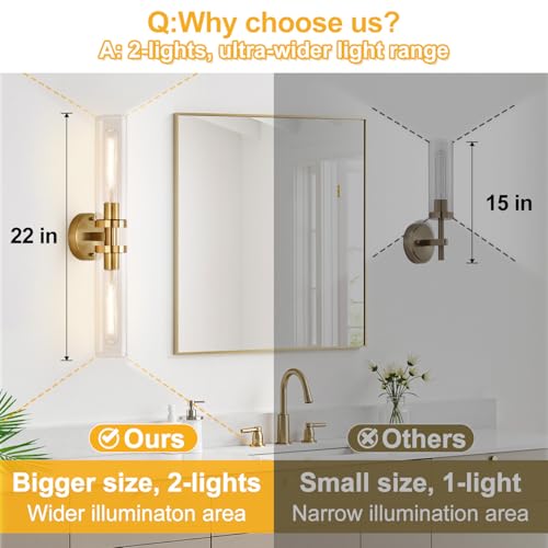 Image of Indoi Brushed Gold Wall Sconces, Hardwired Bathroom Sconces Wall Lighting with Clear Glass, Modern Sconces Wall Light fixtures for Bathroom Mirror Living Room Hallway Bedroom