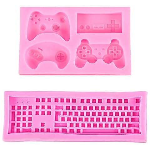 Pleenild 2PCS Game Controller Mold Keyboard Cake Mould Gamepad Mould for DIY Chocolate Cupcake Decor Soap, Pink Cover