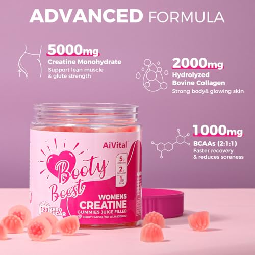 AiVital™ Creatine Gummies for Women, 5000mg Creatine Monohydrate Gummies+2000mg Collagen+1000mg BCAA, Women-Specific Formula, Sugar Free, 30 Servings, 120 Counts(Berry) — view 3