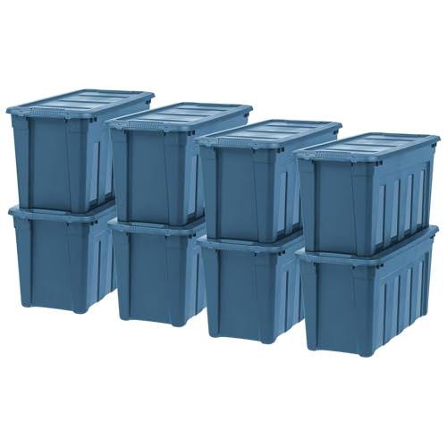 Image of IRIS USA 31 Gallon Eco-Friendly Heavy Duty Storage Totes with Easy-Grip Handles, 8 Pack - Large Bins with Lids Garage Organizing Tubs, Durable Stackable Utility Containers, Made in USA - Navy