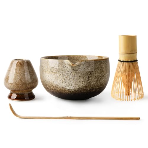 EOIMS Japanese Matcha Tea Set,Ceramics Match Bowl with Spout,Included Handmade Ceramic Whisk Holder, Matcha Whisk (Chasen) and Scoop,Perfect Matcha Ceremony Kit for Traditional Tea Ceremony