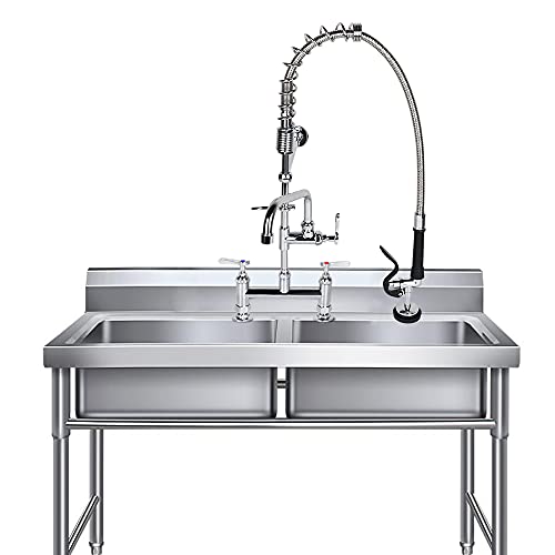 Tceumik Commercial Sink Faucet With Flexible Pre-Rinse Pull Down Sprayer Adjustable Center 27'' Height With 12'' Add-On Swivel Spout Deck-Mounted Kitchen Faucet For Restaurant 2 Or 3 Sinks #TOP1