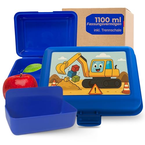 Brotdose Kinder mit Motiv - robuste Brotzeitbox für Kindergarten, Schule & Unterwegs - BPA-frei & geschmacksneutral - Lunchbox mit Fächern ca. 1100 ml Fassungsvermögen, Farbe:Motiv Bagger