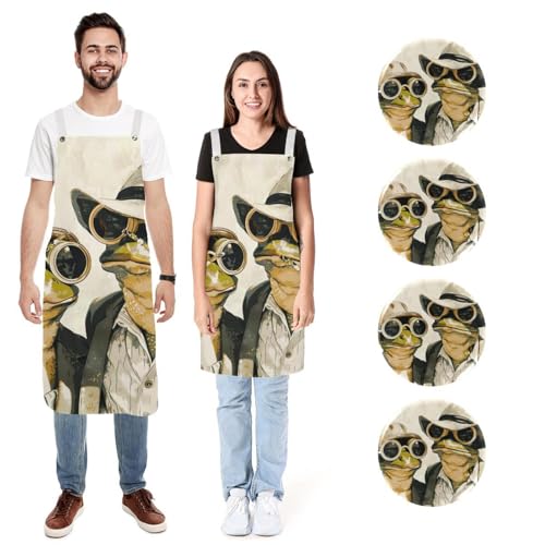 Tablier de cuisine en lin style rétro grenouille pour cuisiner à deux avec poches