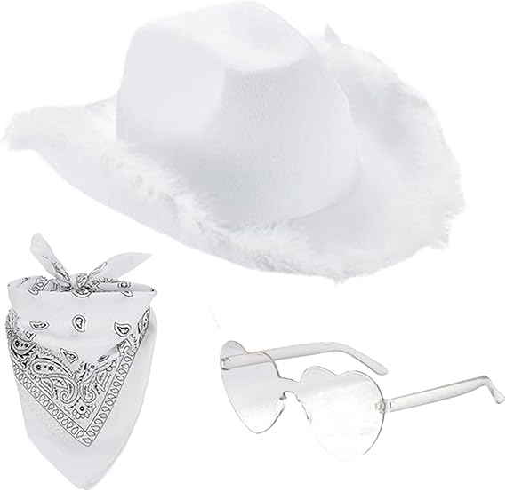 NimbusNoteCowboy Hat Women, Felt Fluffy Feather Trim Cowgirl Hat, Wide Brim Fancy Dress Cowgirl Hats with Heart Glasses Bandana Scarf for Halloween Birthday Bachelorette Party