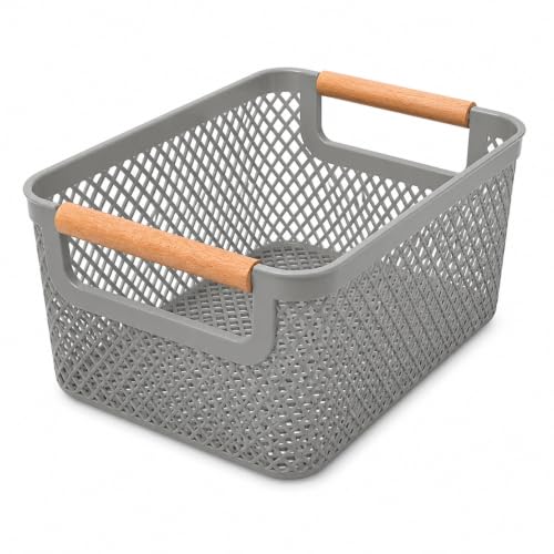 Cesto Organizador Multiuso Vazado com Alças Efeito Madeira 25,5x18x12 cm Organizador para Banheiro Cozinha Lavanderia Closet Escritório Branco Cinza e Preto (CINZA)