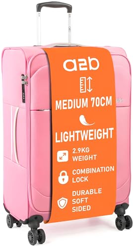 A2B Lightweight 26" Medium Suitcase - Soft Sided Luggage with 8 Spinner Wheels | Ideal for Traveling, on Cruises, Trains, Hotel Stays, Villas Holidays | AB006 (Pink/Light Grey)