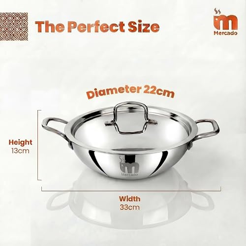 Image of Mercado Triply Stainless Steel Kadhai 22 cm (2.2L) with Lid | SS304 Food Grade | Even Heating | Ideal for Daily Cooking & Frying | Induction & Gas Compatible | 5 Years Warranty