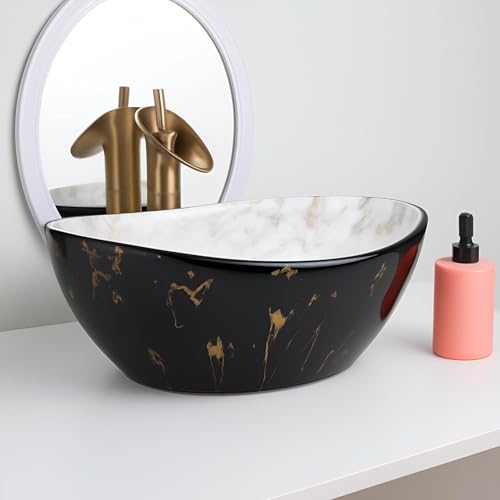Image of Premium Ceramic Table Top Wash Basin, Modern Designer Vessel Sink for Bathroom & Vanity Countertop, Elegant Over Counter Basin, 16 x 13 x 5.5 Inch