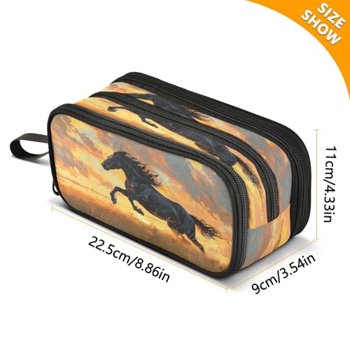 Image of ALAZA Horse Galloping Horses Pencil Case for Boys Girls Kids Pencil Pouch 3 Compartment Pen Bag Large Capacity Storage Pencil Holder School Students with Zipper