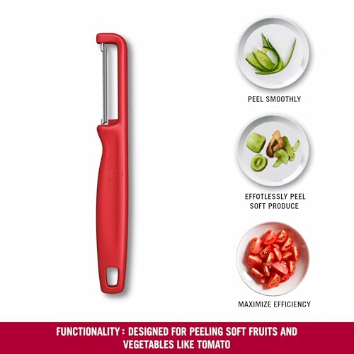 Image of Victorinox Swiss Made Stainless Steel Swiss Classic Iota Peeler, Serrated Double-Edge Peeler for Professional and Household Kitchen, Red, Soft Skin Fruit & Vegetable Peeler | 6.0943.1