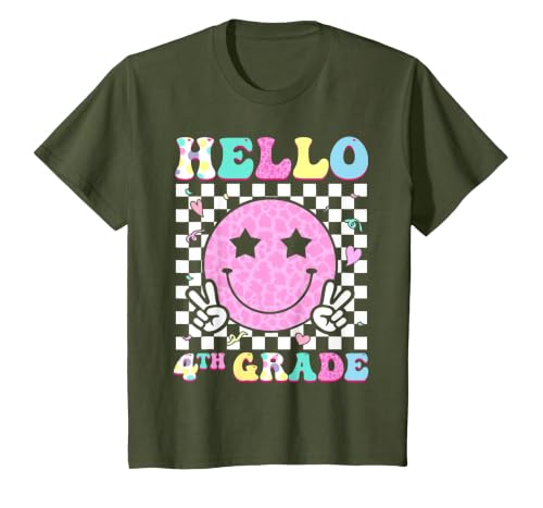 Hello 4th Grade Groovy Back to School Fourth Grade Girls Kid T-Shirt, Youth, Olive Green, Small