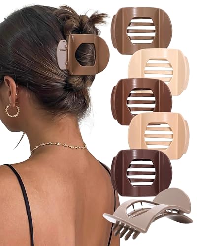 6 PCS Flat Hair Clips for Women Medium Non-slip Flat Claw Clip Strong Grip Hair Claw Clips Hair Barrettes for Women (Light Brown+Dark Brown+Light Brown+Dark Brown+Off-White+Chestnut)