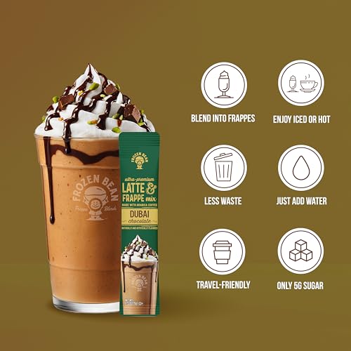 Image of The Frozen Bean Dubai Chocolate Frappe & Latte Instant Mix (10 Sticks), Made with Arabica Coffee, Double Shot Caffeine, Low Sugar & Premium Ingredients, Hot, Iced, or Blended Drinks