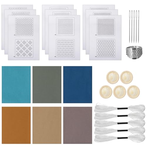 Image of Sashiko Kit for Beginners, Water-Soluble Sashiko Thread and Needles Set, Pure Fabric Sashiko Stencil Kit, Versatile Sashiko Supplies, Embroidery Transfer Templates for DIY Crafts