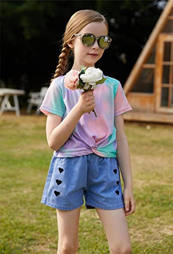 Image of Arshiner Girls Casual Tie Dye Short-Sleeve T-Shirt Cute Print Summer Blouse for Girls Twist Front Tunic Tee Tops