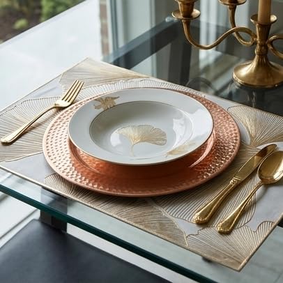 Image of HomeCloud Rectangular Waterproof Dining Table Placemats | Strong & Easy-Clean Table Mat for Dining, Center & Bedside Table | Protects from Spills, Heat & Scratches (Botanical Gold, Set of 2)