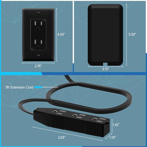 Image of LIDER Flat-Face Outlet Extender with 3 Receptacles, Ultra-Thin Wall Plate Plug with Cord Extender and 3-Outlet Power Strip, 3ft Cord, LWE3-315-BK, Black