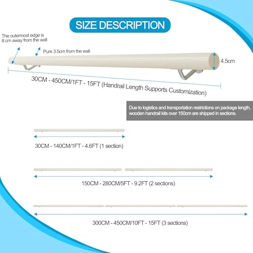 Barra di supporto per scale in pino massiccio bianco, 4,5 m, antiscivolo, per interni, bagno, corridoio, facile installazione fai da te