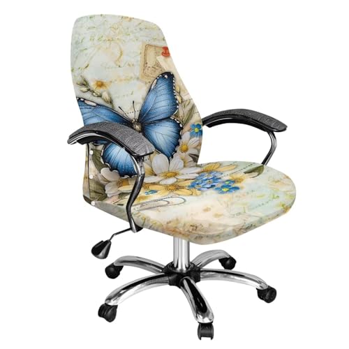 Wiryuouvt Blue Butterfly Office Chair Cover One Piece Water Resistant Stretch Jacquard Computer Chair Slipcover with Elastic Bottom for Armrest Chairs Armless Chair Cover Slipcover-L