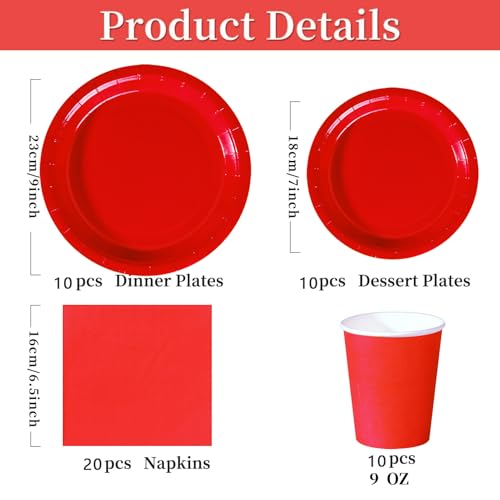 Miniatura 2 de Nkaiso Platos Y Vasos Desechables, 50 Piezas Rojo Intenso Vajilla De Fiesta, 10x 23cm 10 X 18cm Platos De Carton, 10 Vasos, 20 Servilletas - Para Navidad, San Valentín -10 Invitados