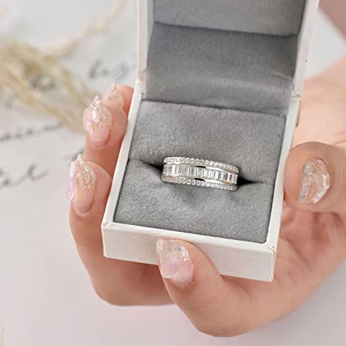 Wuziwen Women Sterling Silver Round and Baguette Eternity Ring Wedding Band for Women Cubic Zirconia Sz 5-102