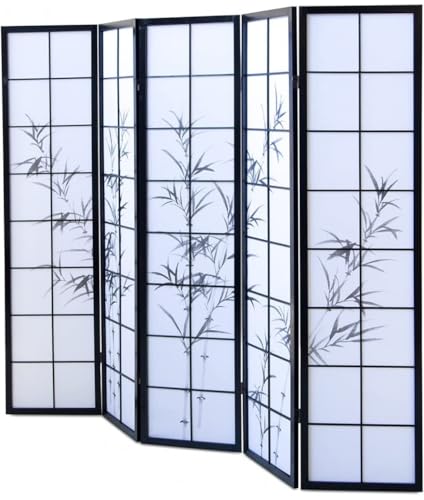 Paravent Japonais en Bois Noir Dessin Bambou de 5 pans -PEGANE-