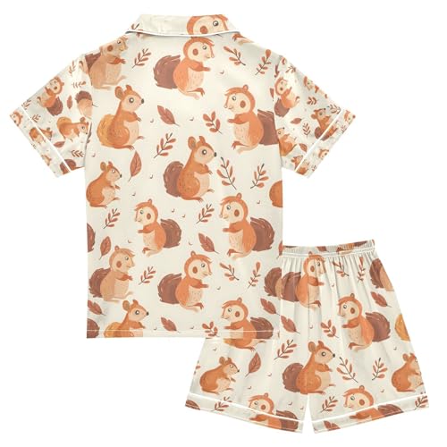 senya Cute Squirrel Fall Leaves Satin Summer Pajama Sets Silk Short Sleeve Button Down Sleepwear2