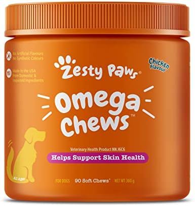 Zesty Paws Omega Soft Chews for Dogs – Helps Support Skin Health – Fish Oil with Omega 3 for Skin Health – Vitamin C & Vitamin E Antioxidants -Chicken Flavour – 90 Count