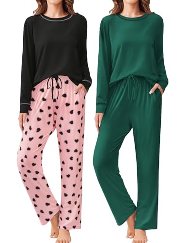 Ekouaer 2 Pack Women Pajama Long Sleeve Sleepwear Soft Loungewear Pjs Sets with Pockets S-XXL Blue Green/Pink Heart Small